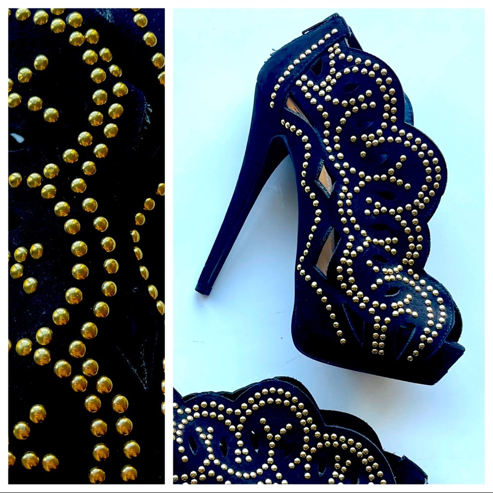 EUC laser cut faux suede platform stiletto pumps in black with classy gold studs